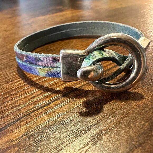 Leather Watercolor Teal Hippie Bracelet, Double Wrap, Belt Buckle Silver Clasp, - Picture 10 of 10